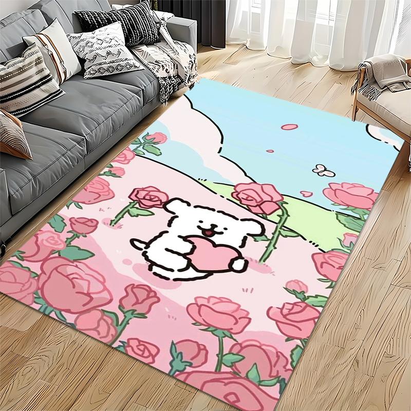 Cartoon Bear with Heart and Pink Roses Pastel Color Carpet Decor Suitable for Use As an Anti-slip for Living Room Bedroom Sofas
