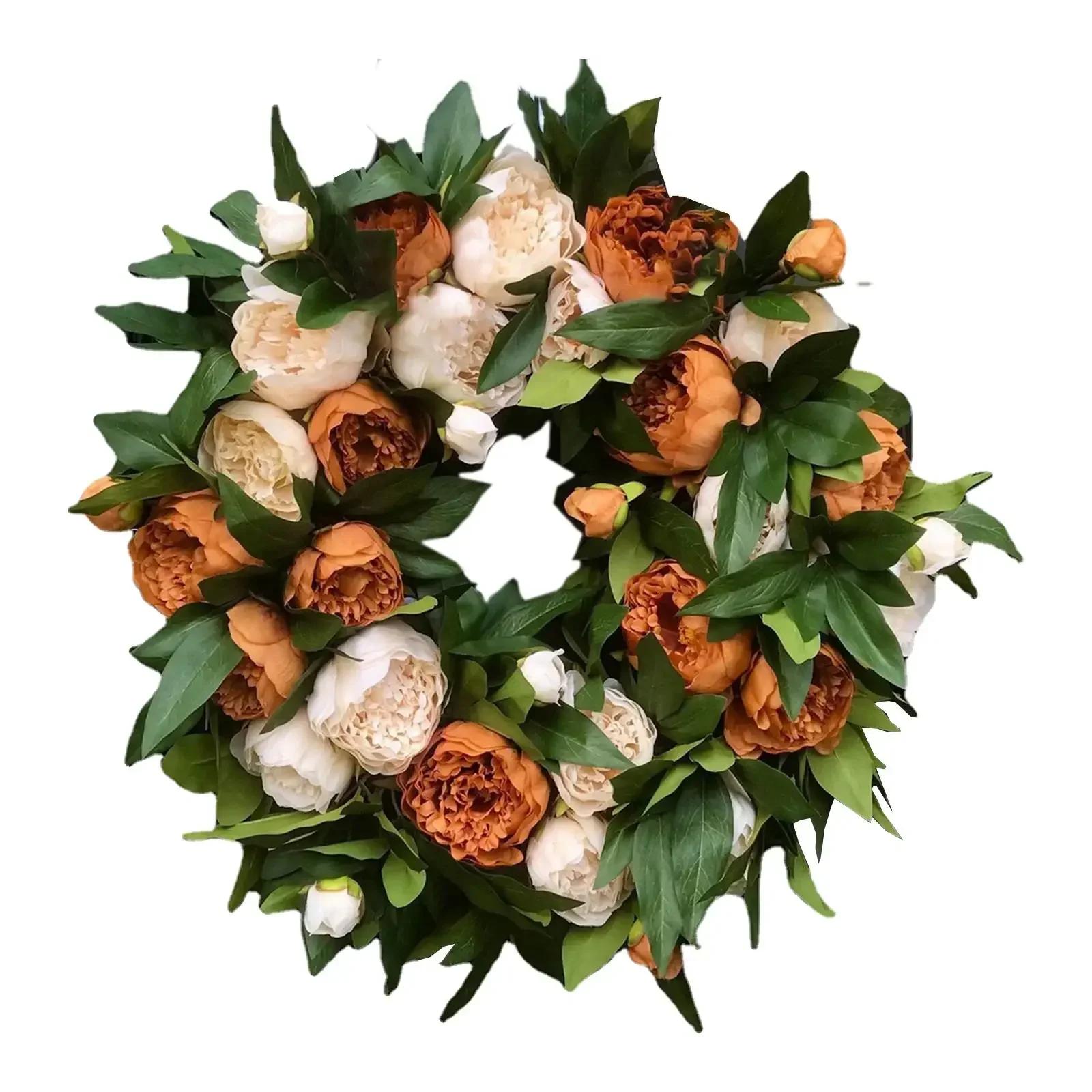 

Creative Fashion 40cm Spring Summer Door Wreath Peony Silk Flowers Large Spring Garland Green Leaves Welcome Sign for Party Home 40cm