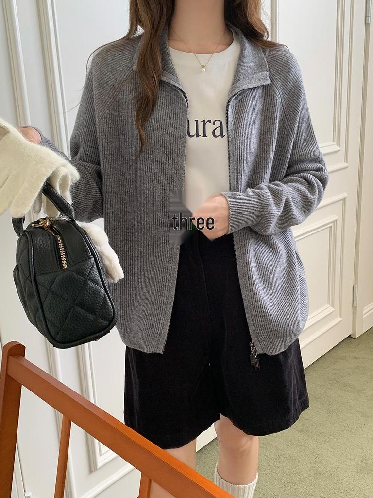 2026 Autumn/Winter Women's Pure Wool Zipper Stand Collar Knit Cardigan Sweater