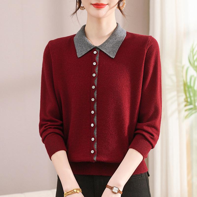 Women's Autumn/Winter Wool Knit Turn-Down Collar Long Sleeve Top