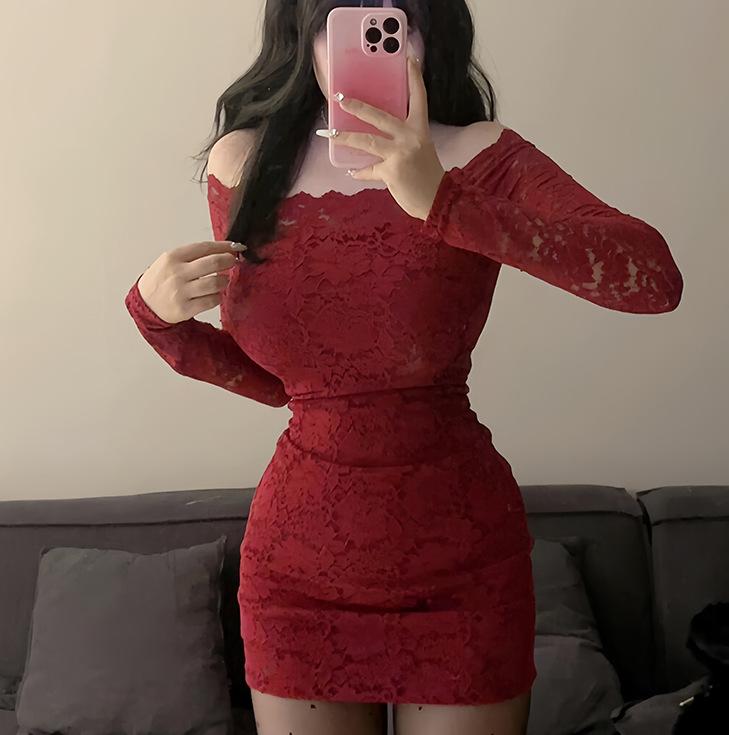 2024 Spring Women Off Shoulder Long Sleeve Lace Bodycon Mini Dress Sexy Slim Pencil Club Night Out Dress Plus Size S-L