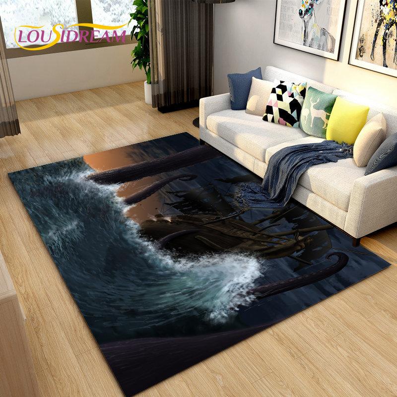 Sea Monster, Boat Ship Barque Area Rug Large,Carpets Rug for Living Bedroom Sofa Doormat Decoration,Kids Play Floor Mat