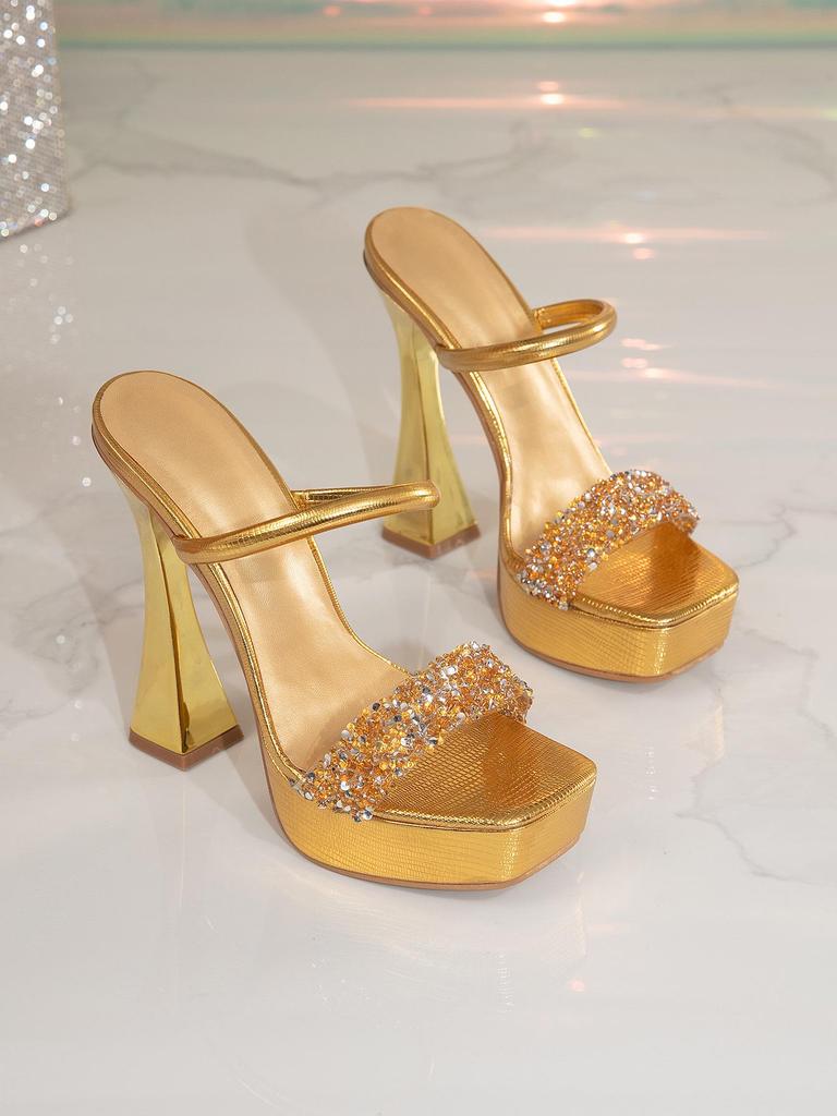 Sandalias de Plataforma de Tacón Alto con Punta Cuadrada y Pedrería Negra/Dorada para Vestidos de Noche