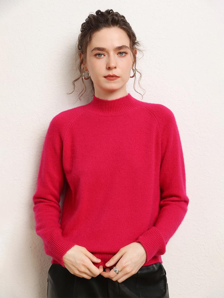 Women's Versatile Cashmere Sweater: Plain Color, Autumn/Winter, Half-High Neck, Raglan Sleeves, Double Ply, Thickened Base Layer.