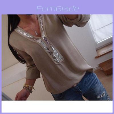 Elegante Blusa para Mujer de Manga Larga con Lentejuelas y Cuello en V con Ajuste Casual de Talla Grande