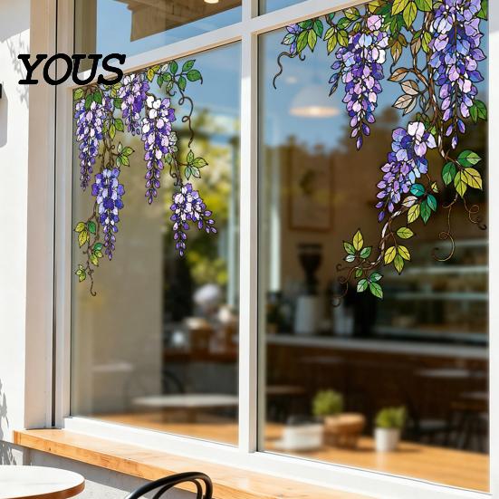 Waterproof Window Stickers 2PCS Flower Print Static Stickers, Glue-free Electrostatic Decorative Film, Removable Floral Cling for Glass Door