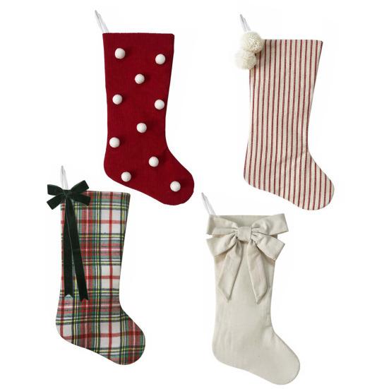 Christmas Stockings with Hanger Bowknot Plush Balls Decor Striped Print Candy Holder Festive Tree Decoration
