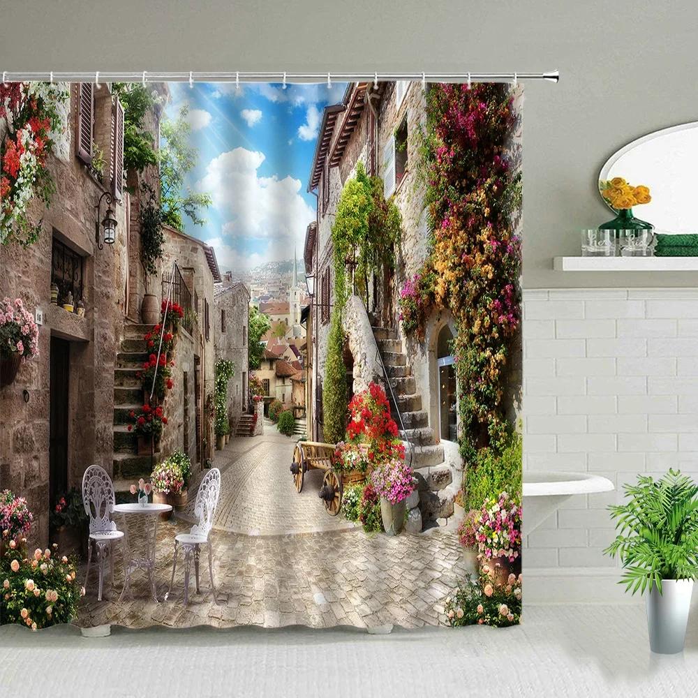3D Landscape Shower Curtain Garden Wooden Bridge Plant Tree Flower Natural Scenery Bathroom Decor Hanging Wall Fabric Curtain