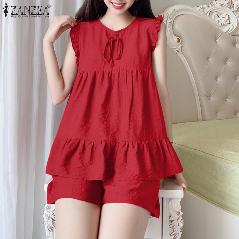 

ZANZEA женские летние повседневные шорты без рукавов с круглым вырезом и отделкой грибком, однотонные свободные шорты с верхним и боковым карманами, комплект