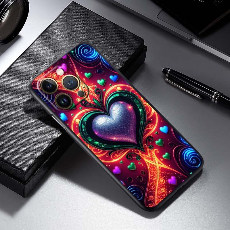 Luxurious Love Design Art Phone Case For Apple iPhone 17 16 16E 15 14 13 12 11 Pro Max Plus Black Soft Silicone
