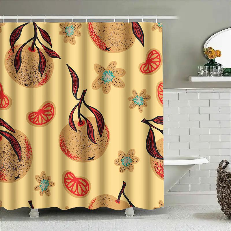 Brightly Colored Orange Floral Shower Curtain For Bathroom Decor Modern Pattern With Red Accents In Yellow Background (Sizew72 X