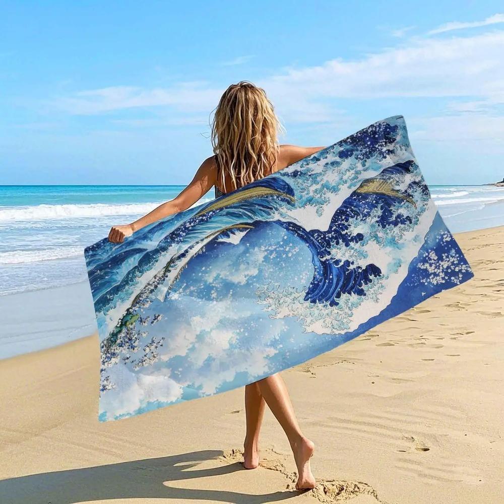Artistic Sea Wave Beach Towel, Ink Style Ocean Pattern Quick Dry Absorbent, Large Sand Resistant Travel Pool Essentials