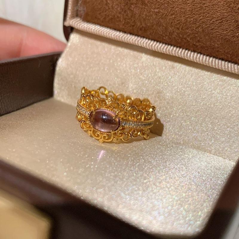 Vintage Court Style Hollow Out Lace Diamond Inlaid Amethyst Rings for Women Exquisite Amethyst Crystal Classical Banquet Jewelry