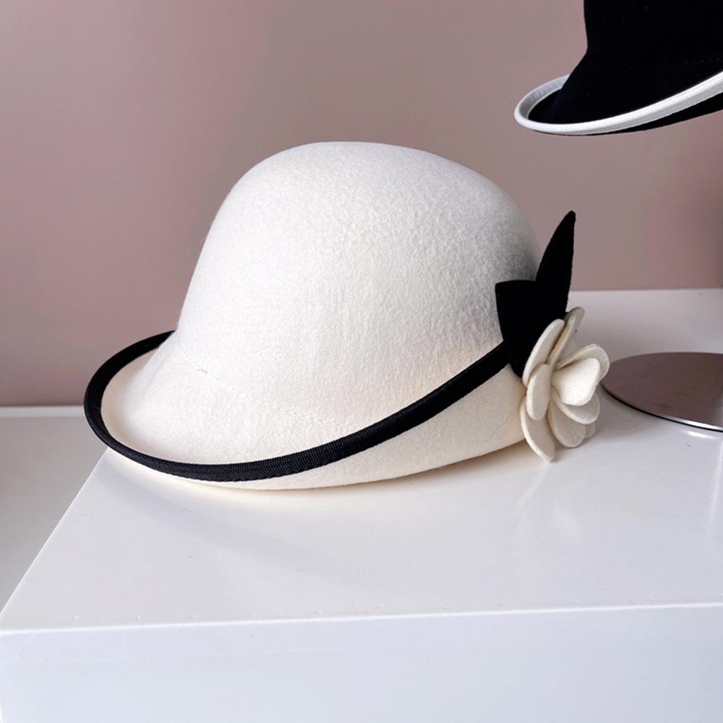 Vintage Fedoras Hat for Women Theme Party Caps with Roll Brim Flower Wool Bowler Hat for Halloween Party Cosplay Accessory