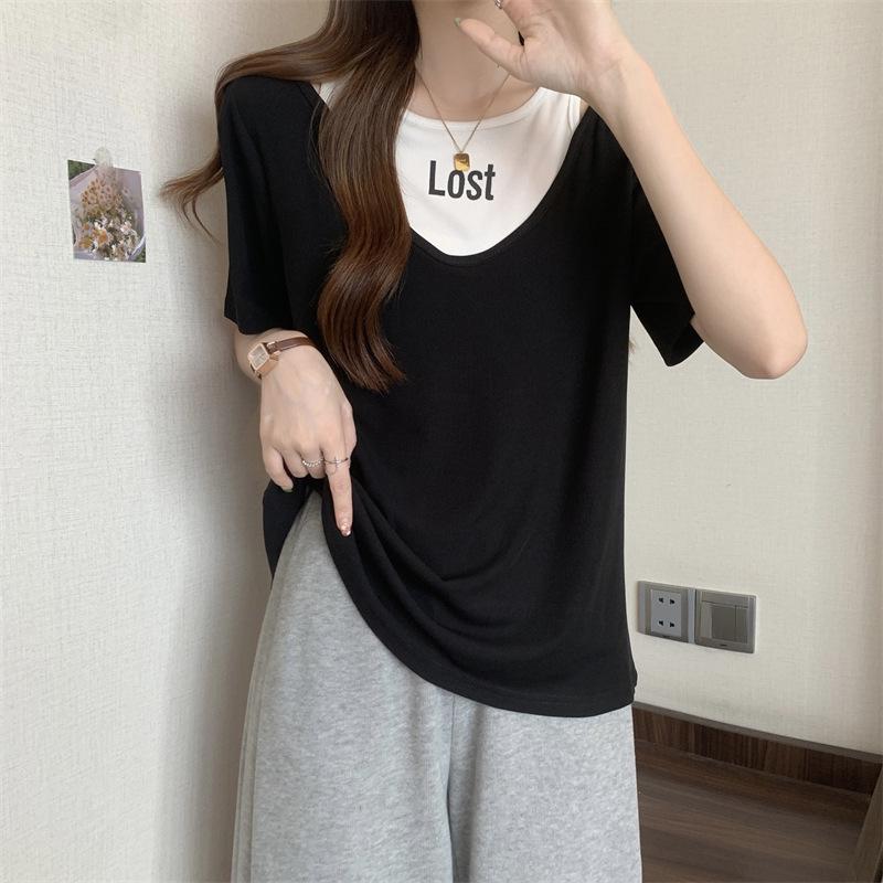 

Женский модный свободный топ с короткими рукавами в корейском стиле, с эффектом похудения, летний, из двух частей Medium