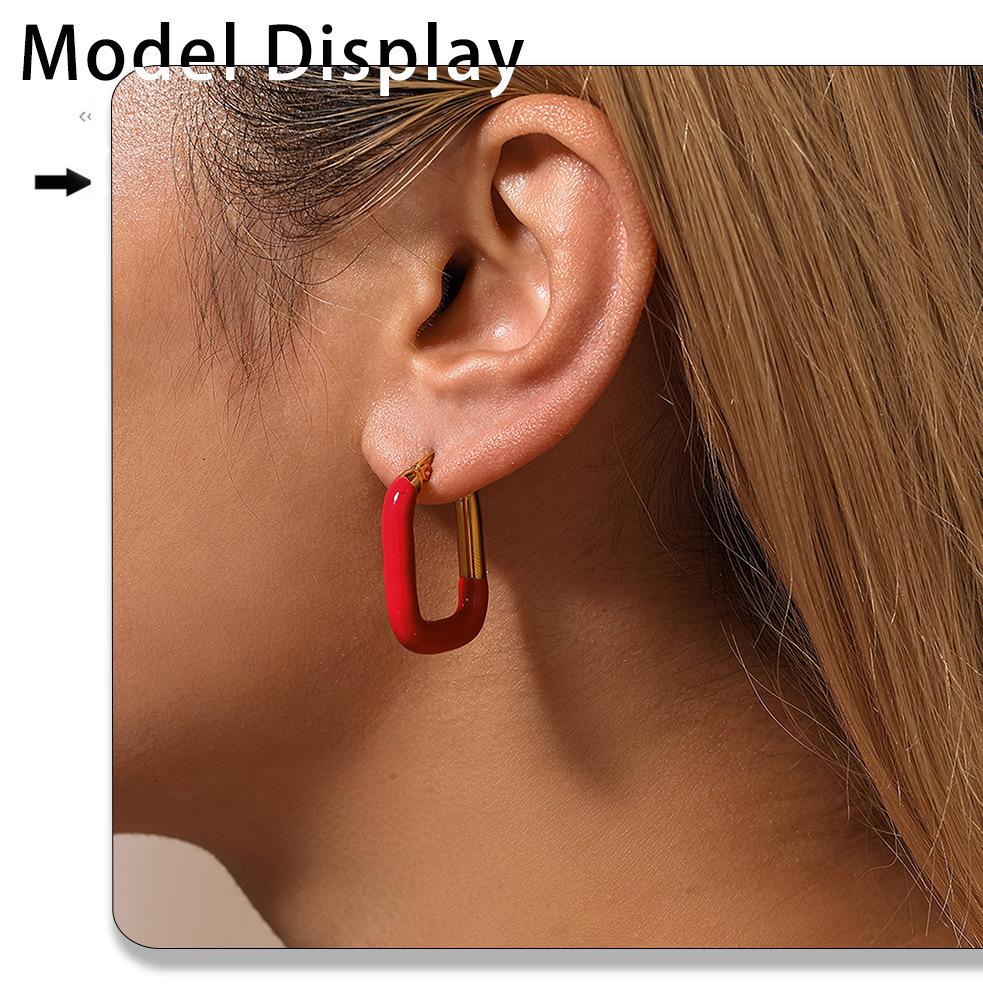 Qiong Yao European Style U-Shaped Gold-Plated Enamel Drop Earrings for Women - Trendy, Stainless Steel, Color-Preserving.
