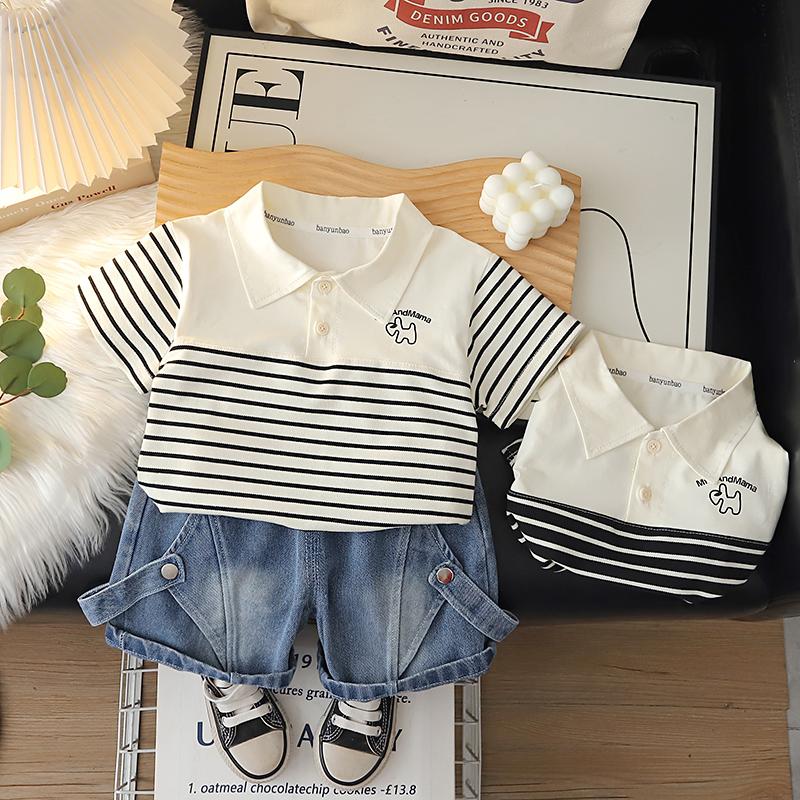 Boys' short sleeved set Summer 0-5-year-old children's striped printed POLO shirt+casual denim shorts two-piece set