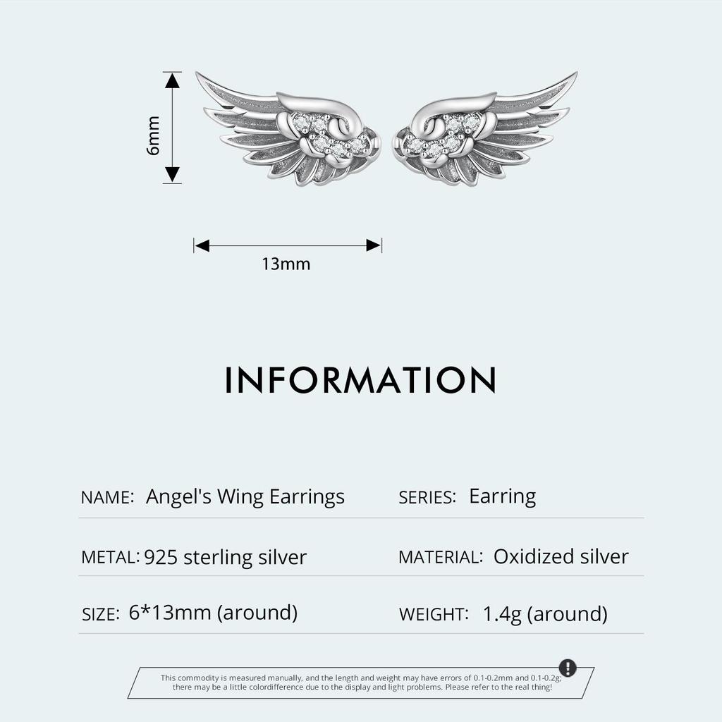 S925 Silver Angel Wings Earrings White Zircon Vintage Wing Stud Earring