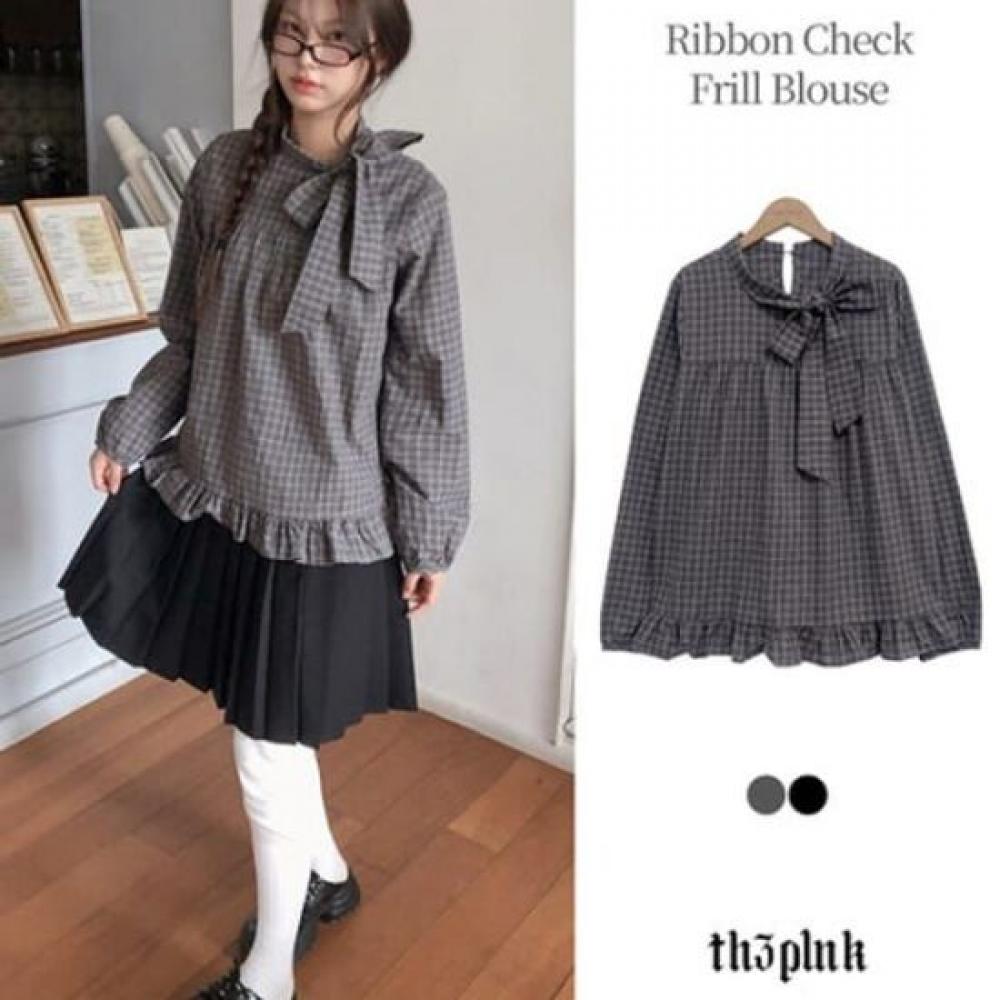 The Pink Women Sonye Vintage Check Ribbon Tie Shirring Frill Blouse