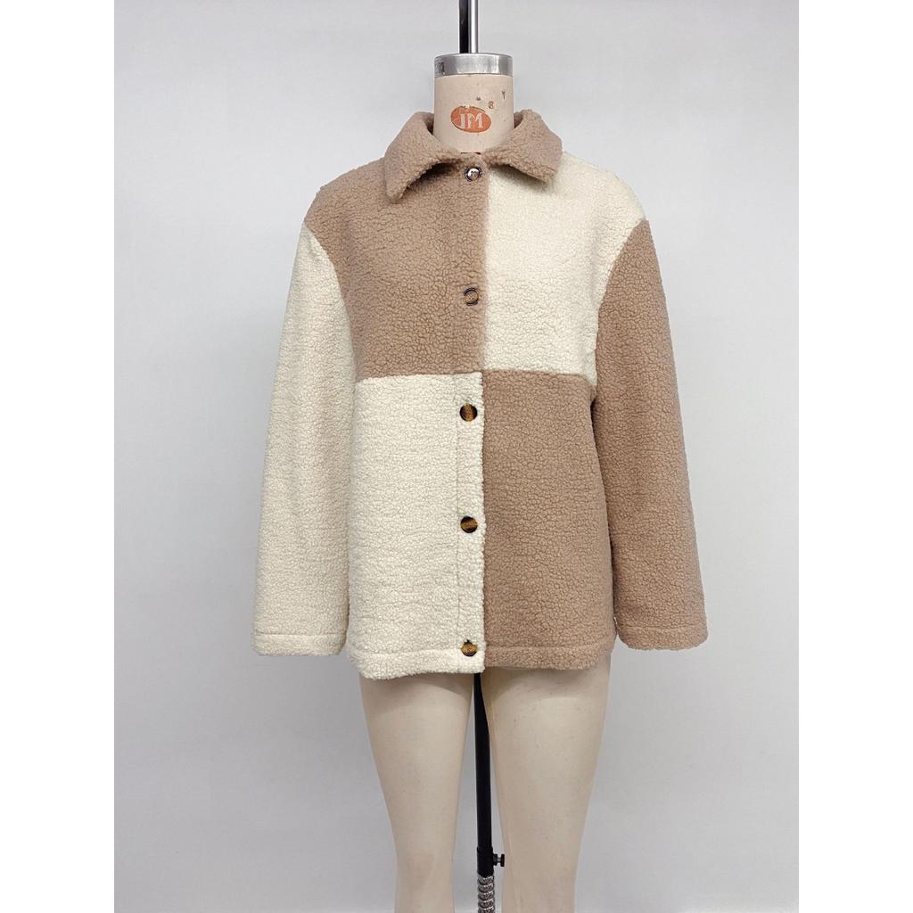 2025 New Autumn Winter Women's Thickened Color Block Single Breasted Lapel Casual Coat for Europe and America