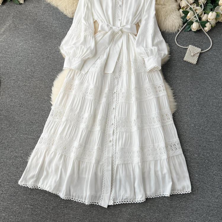 Luxury Party Dress for Women Long Lace Hollow Out Bandage Runway Patchwork Solid Lantern Sleeve Single Breasted Stand Dress