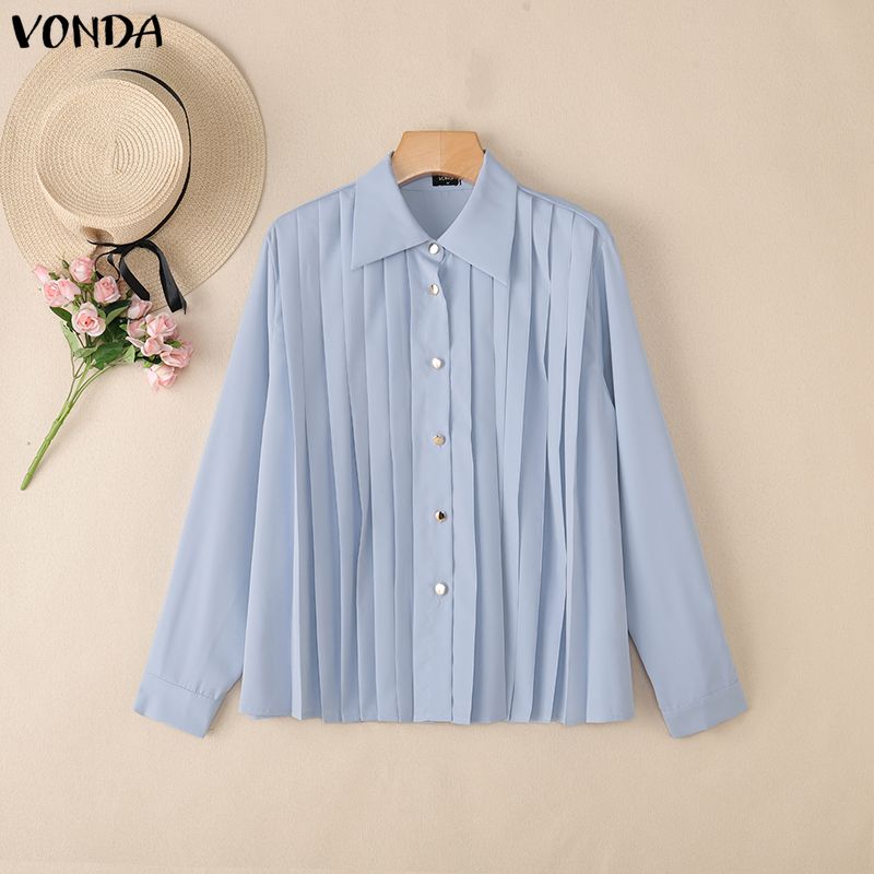 

VONDA Женская Повседневная Блузка с Элегантными Рюшами и Плиссировкой, с Длинным Рукавом и Отложным Воротником 3XL синий