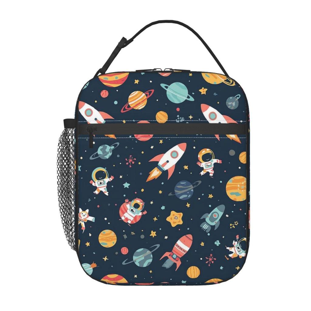 Cartoon Astronauts Riding Rocket Pattern Insulated Lunch Bag for Women Kids Leakproof Food Boxes Thermal Lunch Box Tote
