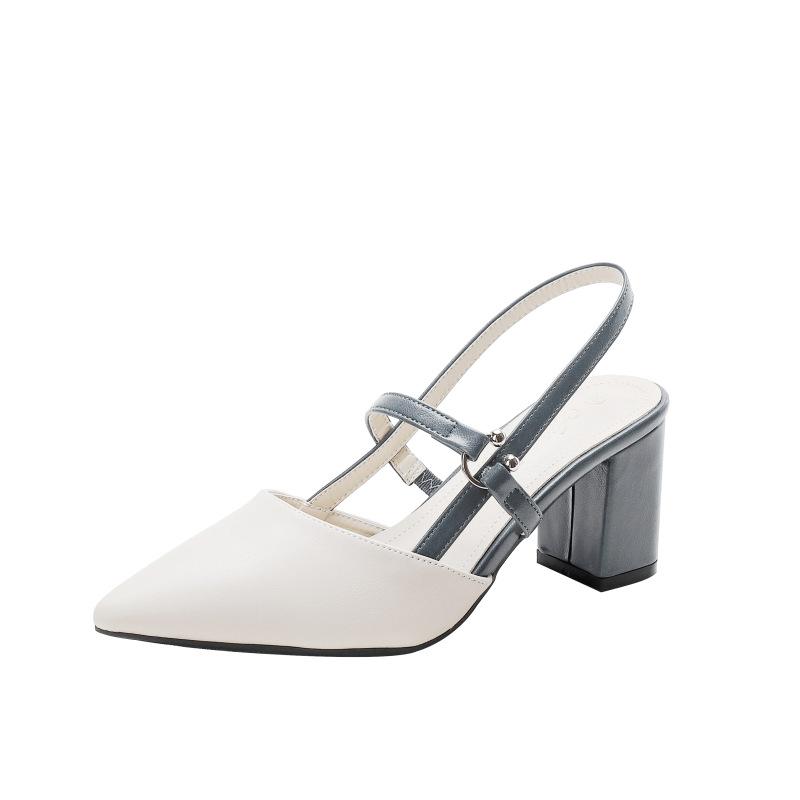 Fashion Korean style pointed toe high heels sandals women mixed color cutout summer leather pumps female chunky heel skirt sandalias