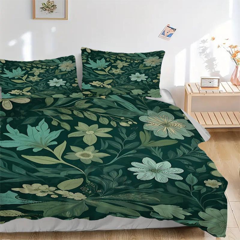 3pcs Green Leaves Printed Bedding Set, Soft and Comfortable Quilt Cover for Bedroom, Guest Room (1 Duvet Cover + 2 Pillowcases