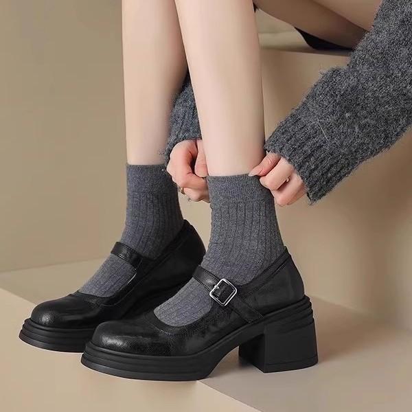 Lambskin high heels round head thick sole Mary Jane shoes women's 2025 new spring and autumn retro thick heel light mouth single shoes