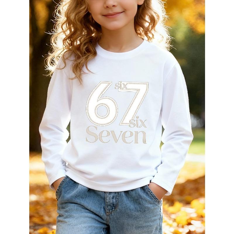Unisex Kids Red Crewneck Sweatshirt For 4-12 Girls Pearl Rhinestone Outline Number 67 Elegant Script Text Print Soft Fleece Long Sleeve Pullover