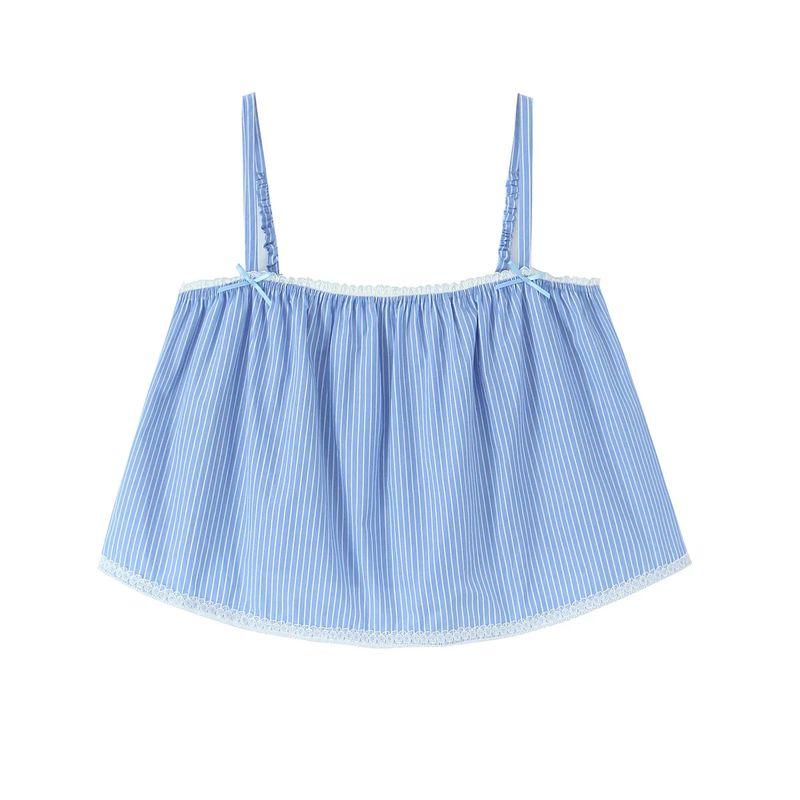 

Za Retro Style Stripe Bow Decoration Sling Top Casual Elastic Waist Shorts Loose Wide Leg Trousers Blue Tops S