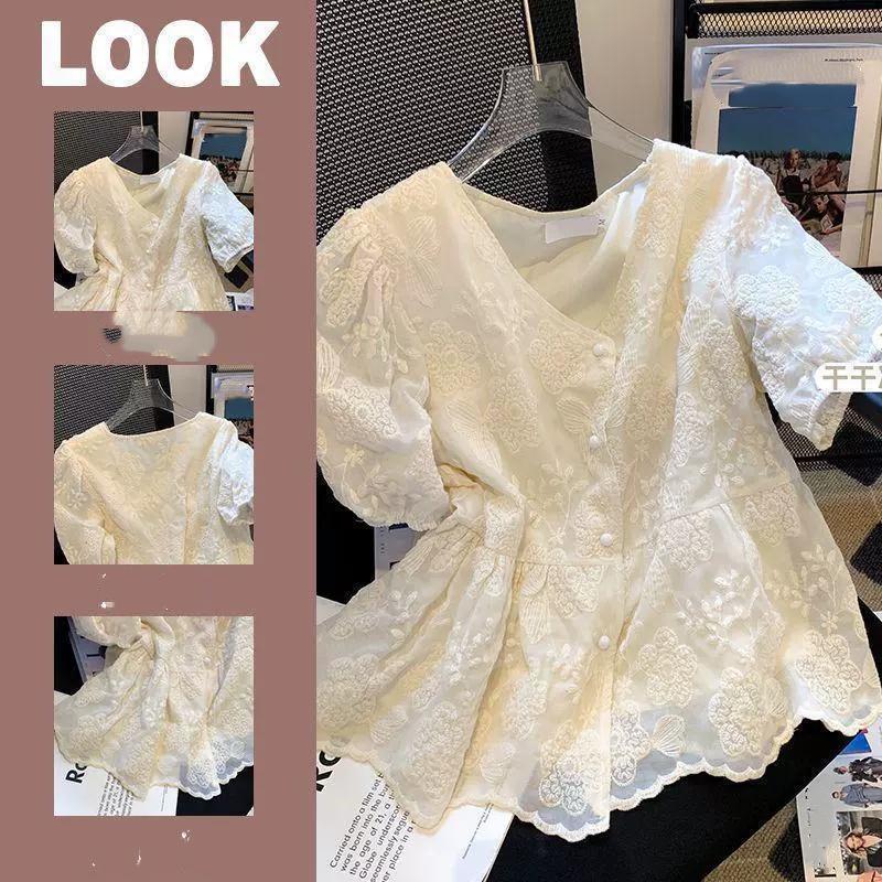 Embroidered Jacquard Craft Puff Sleeves French Design Sense V-neck Waist Fashion Loose Chiffon Short-sleeved Lace Shirt Women