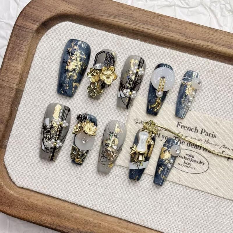 Handmade Chinese Style Press-On Nails With Tassel Detail Medium-Length Full Cover Nail Tips Women Girls