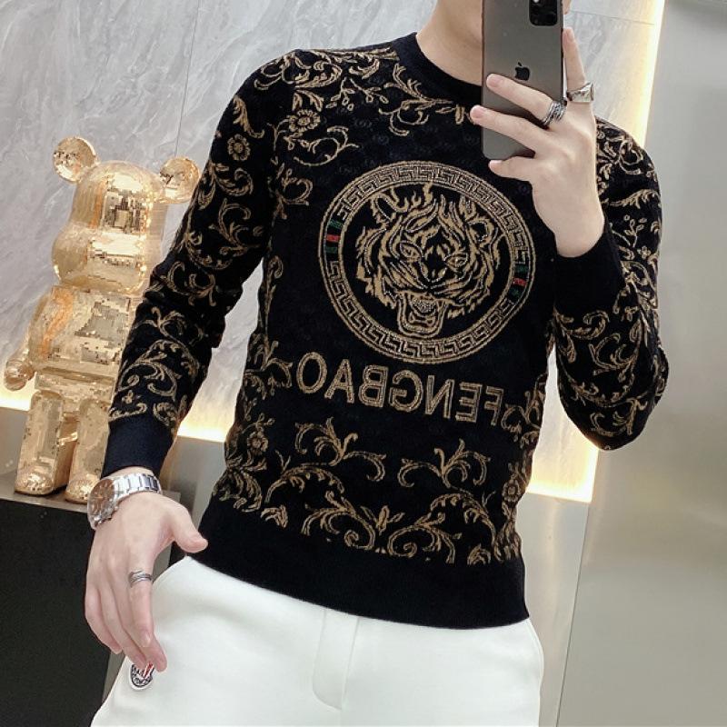 

Men s Long Sleeved T-shirt Spring Double-sided Velvet Fashionable Pattern Tiger Head Printed 5XL