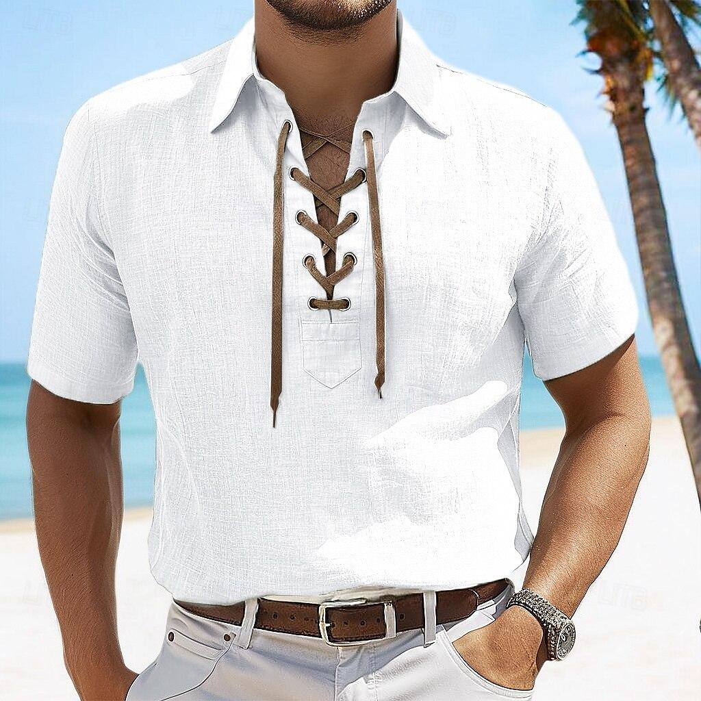 Camisa de manga curta masculina 100% algodão e linho, casual, cor sólida, lapela, gola V, manga curta