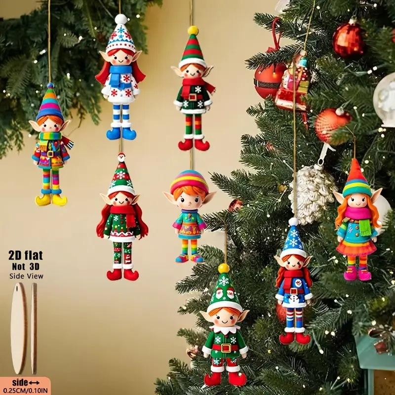 8/16/24Pcs Christmas Wooden Pendants 2D Angel Elf Xmas Hanging Ornament with Rope 2025 Christmas Home Decoration DIY Gift Labels