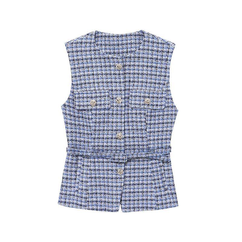 Autumn and Winter New Fashion Slim fit round Neck Sleeveless With Belt Beads Decoration Breasted Texture Vest 9298725