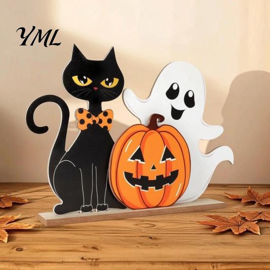 Compact Festive Ornaments Halloween Table Decor, Wooden Black Cat Ghost Pumpkin Decorations Indoor Cute Burr Free Wood Crafts Gifts, Room Decor