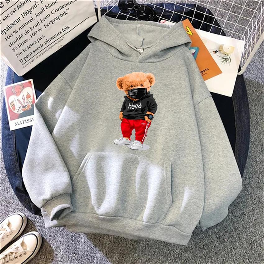 Hip Hop Women Hoodies cartoon Bear Print Fleece  Autumn Woman Casual Pullover Harajuku Streetwear Male Hoody Clothes Tops Unisex