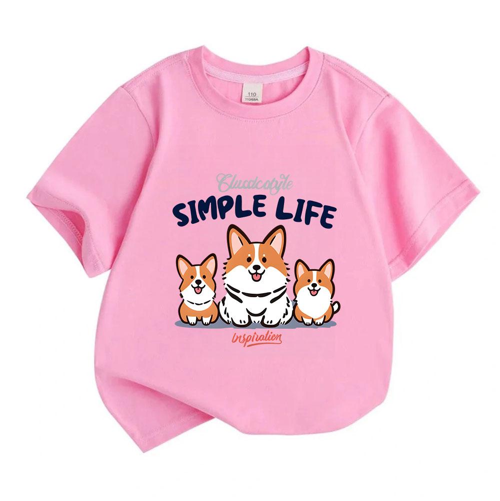 Toddler Boys Girls 100% Cotton Short Sleeve Crew Neck T-Shirt, Adorable Corgi Simple Life Printed Casual Soft Breathable Summer Tee for Daily Wear