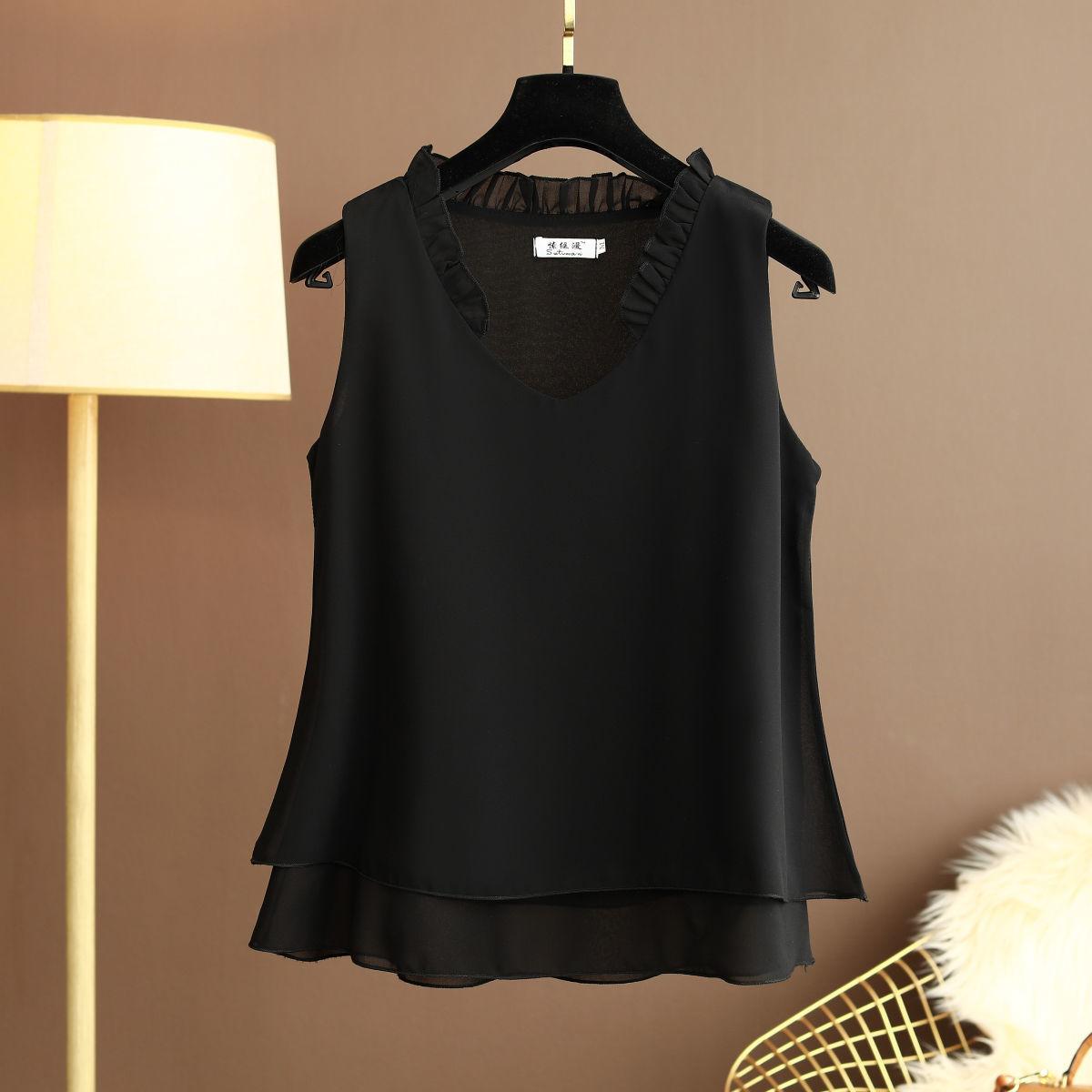 

Summer Loose V-Neck Sleeveless Chiffon Shirts Women s Tops Large Size Women s Shirts Women s Clothes Top Blusas De Mujer XS чорний