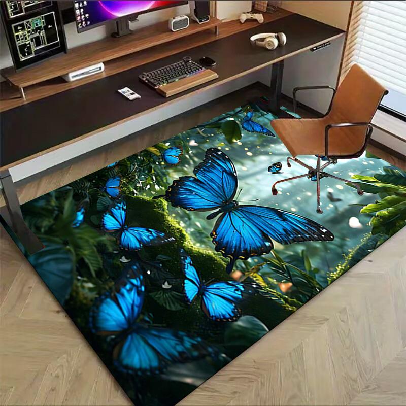 1PC Blue Butterflies Forest Extra Large Non Slip Floor Carpet, Office, Family, Bedroom, Large Area Rug Indoor Rugs, Vibrant Colors