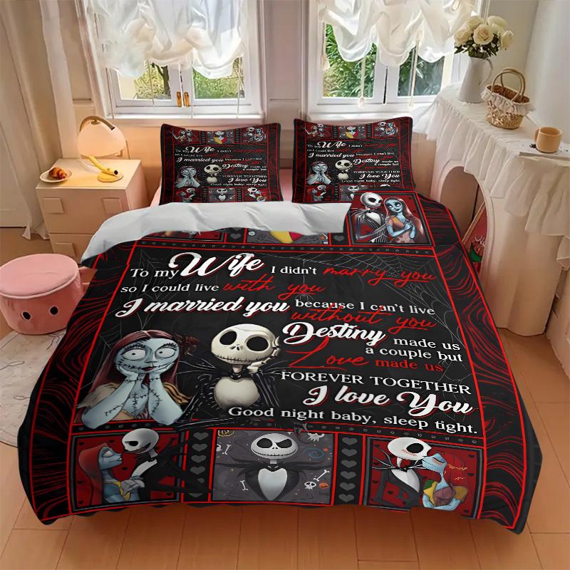 3pcs Jack and Sally To My Wife Bedding Set 1 Soft Quilt Cover + 2 Pillowcases, Machine Washable Suitable for All SeasonsF051