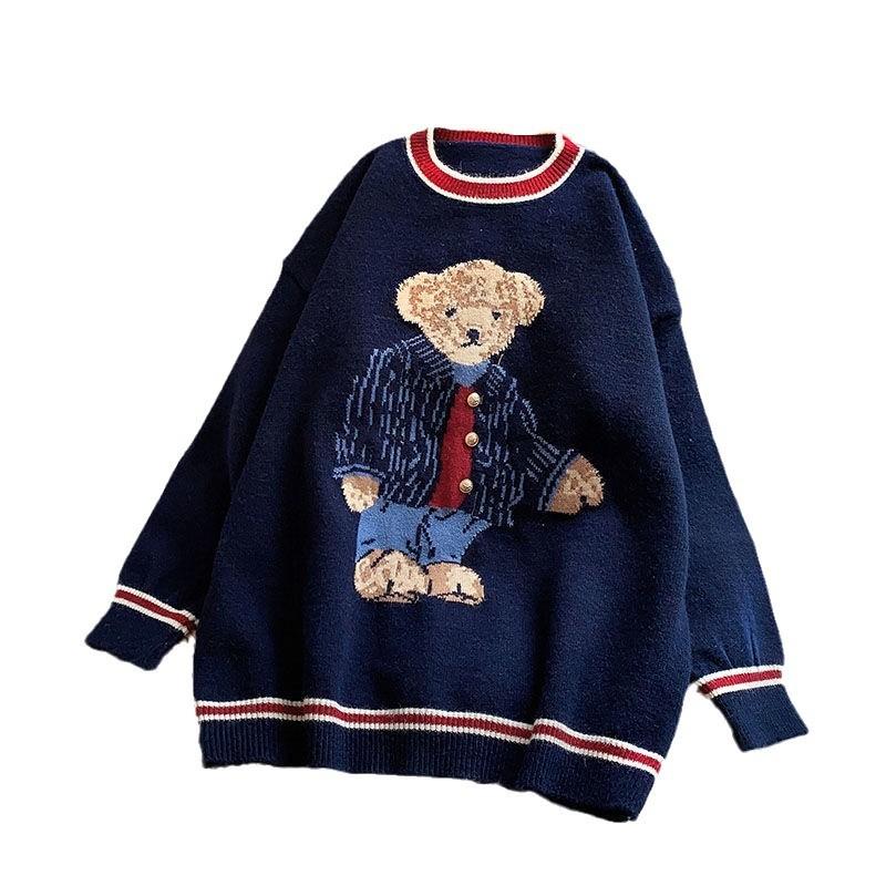 Vintage Cartoon Bear Embroidery Knitted Sweater Women Autumn Winter Harajuku Loose Pullover Korea Warm Sweet Kawaii Jumpers