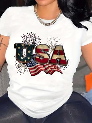 Independence Day Flag Letter Graphic Sports T-Shirt Summer Casual Style Women's Short Sleeve Crew Neck Sports Tee