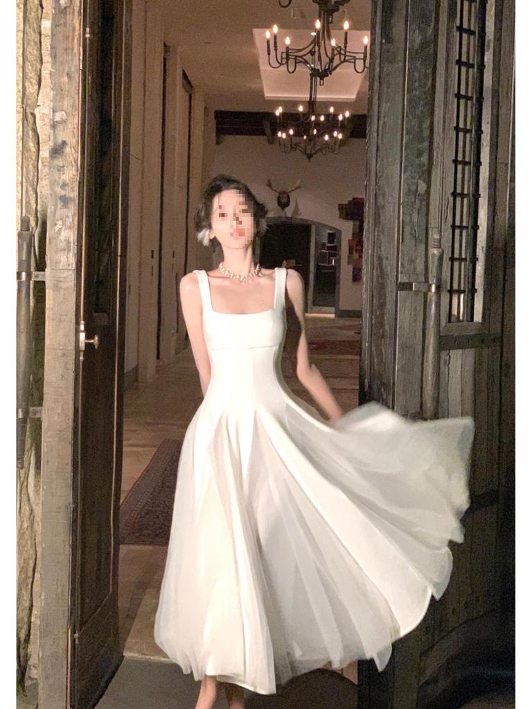 One Moment Waltz White Spaghetti Strap Dress - Women's Mesh Puffy Fairy Long Dress