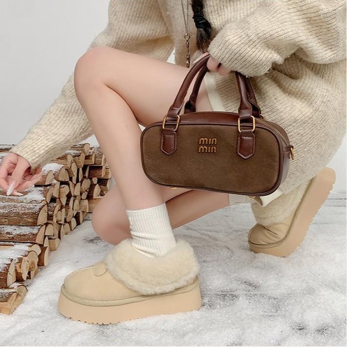 Leather Boken shoes women's autumn and winter thick-soled muffin fluffy slippers 2025 new one-pedal bag head half-drag cotton shoes