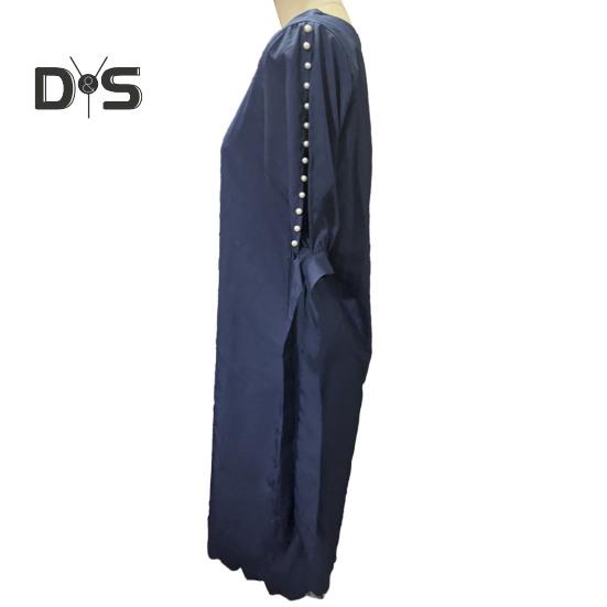 Damenkleid, aushöhlen, dreiviertelärmelig, Rundhalsausschnitt, einfarbig, weich, atmungsaktiv, locker, knielang, Perlendekor, Damen-Midikleid für den Pendelverkehr