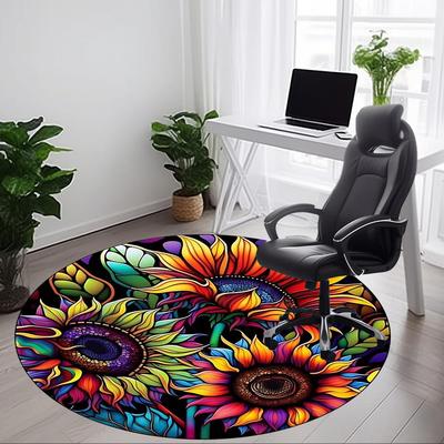 1pc Colorful Sunflower Stained Glass Chair Carpet for Office, Round Polyester Mat, Office, Easycare Fabric, Washable Non-slip Area Carpet